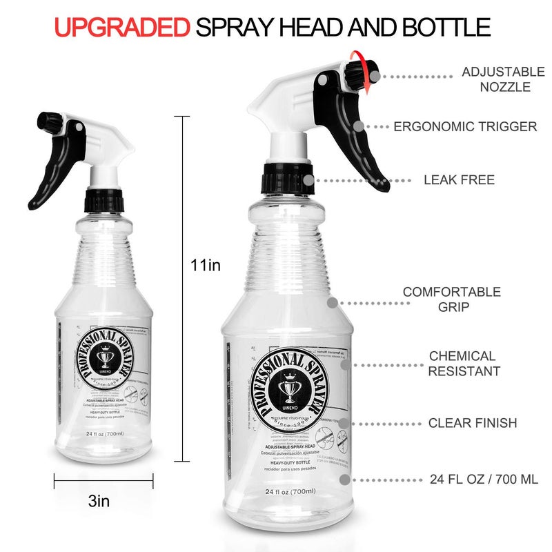 Uineko Plastic Spray Bottle (24oz 3 Pack) for Cleaning Solutions, Car Detailing Care, Planting, Pet, Clear Finish, Heavy Duty Empty Spraying Bottles Mist Water Sprayer with Measurements & Adjustable Nozzle - Image 5
